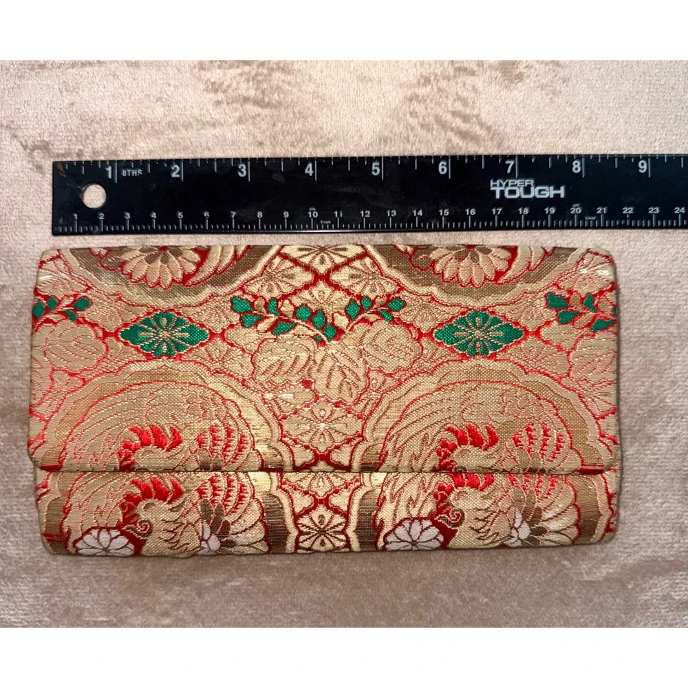 Vintage Japanese woven silk Brocade Clutch Bag Gold Red Floral Evening Purse